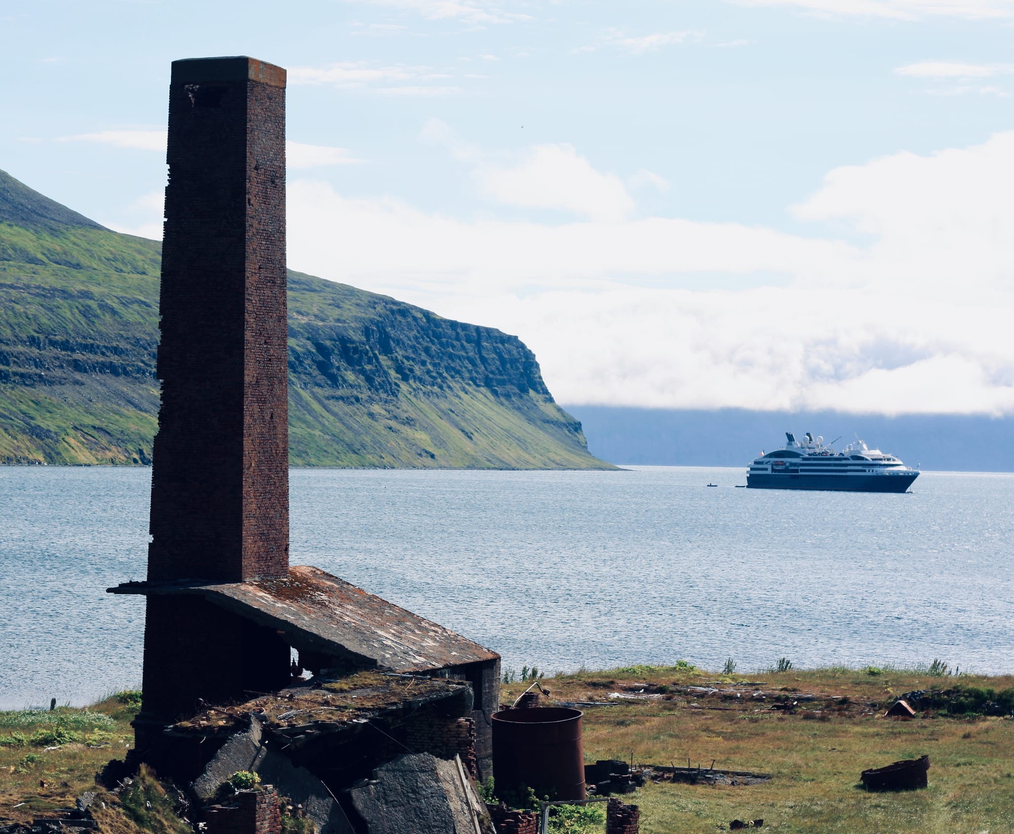 Whaling station and cruise ship